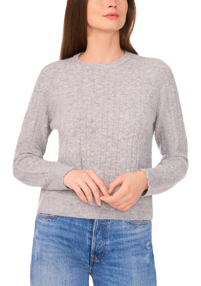 Womens Long Sleeve Scallop Trim Cable Knit Sweater 