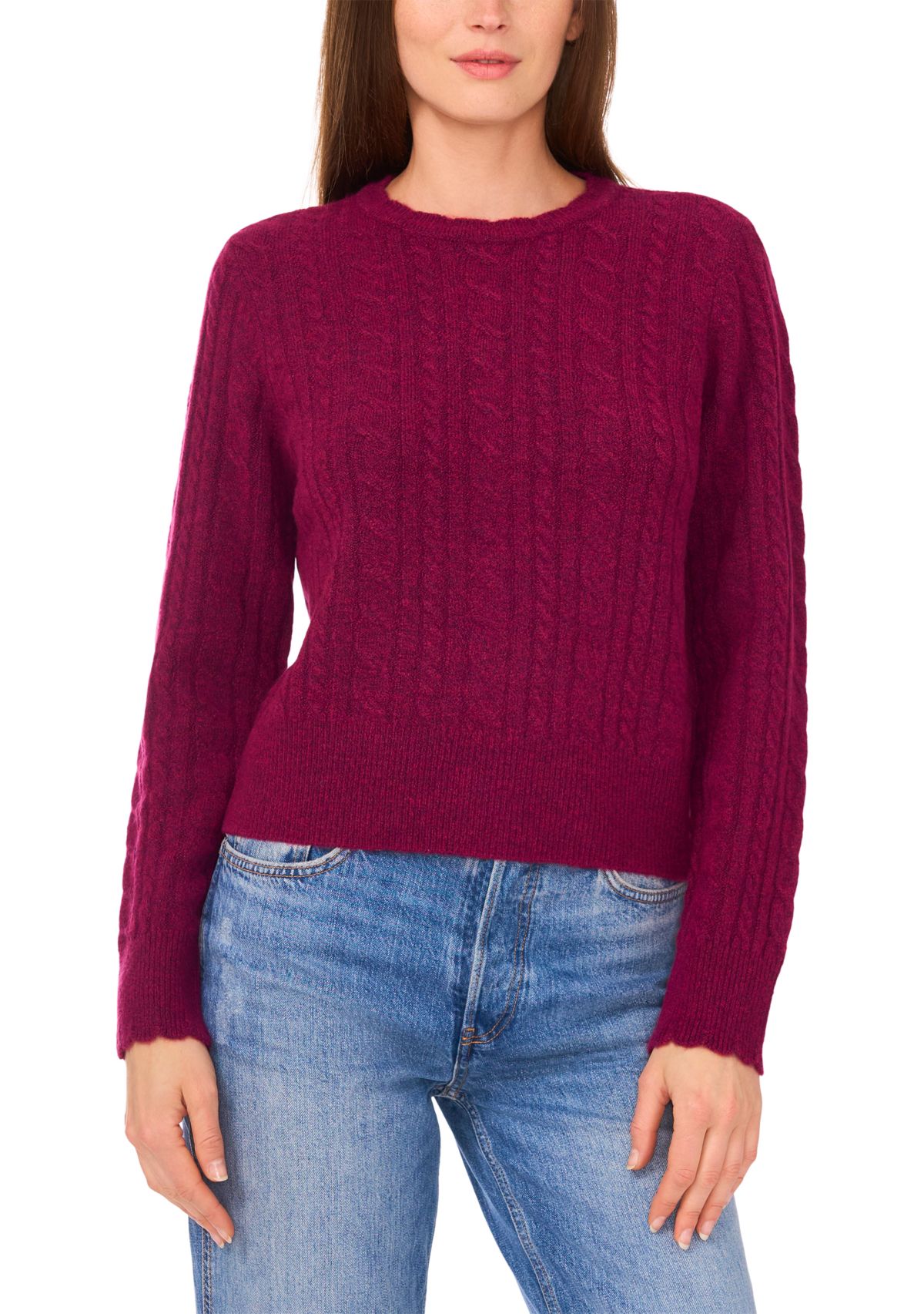 Womens Long Sleeve Scallop Trim Cable Knit Sweater 