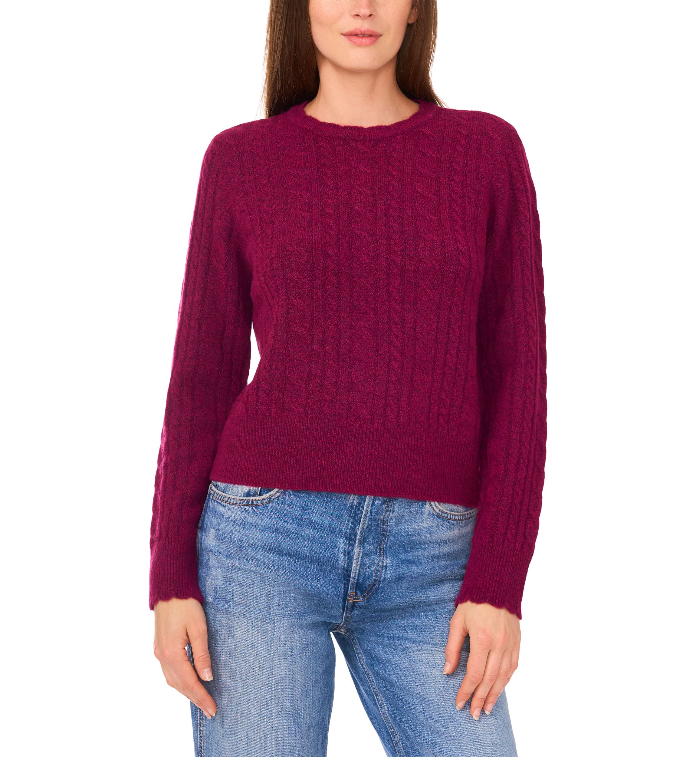 Womens Long Sleeve Scallop Trim Cable Knit Sweater 