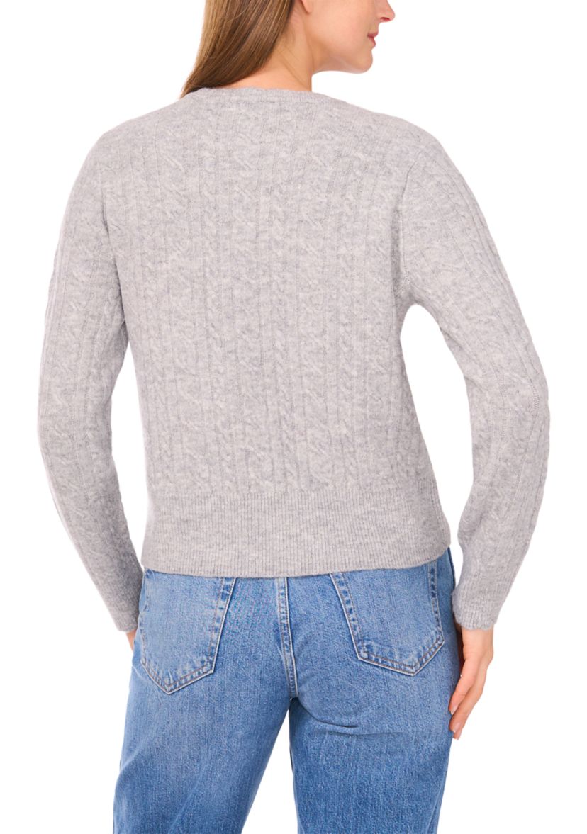 Womens Long Sleeve Scallop Trim Cable Knit Sweater 