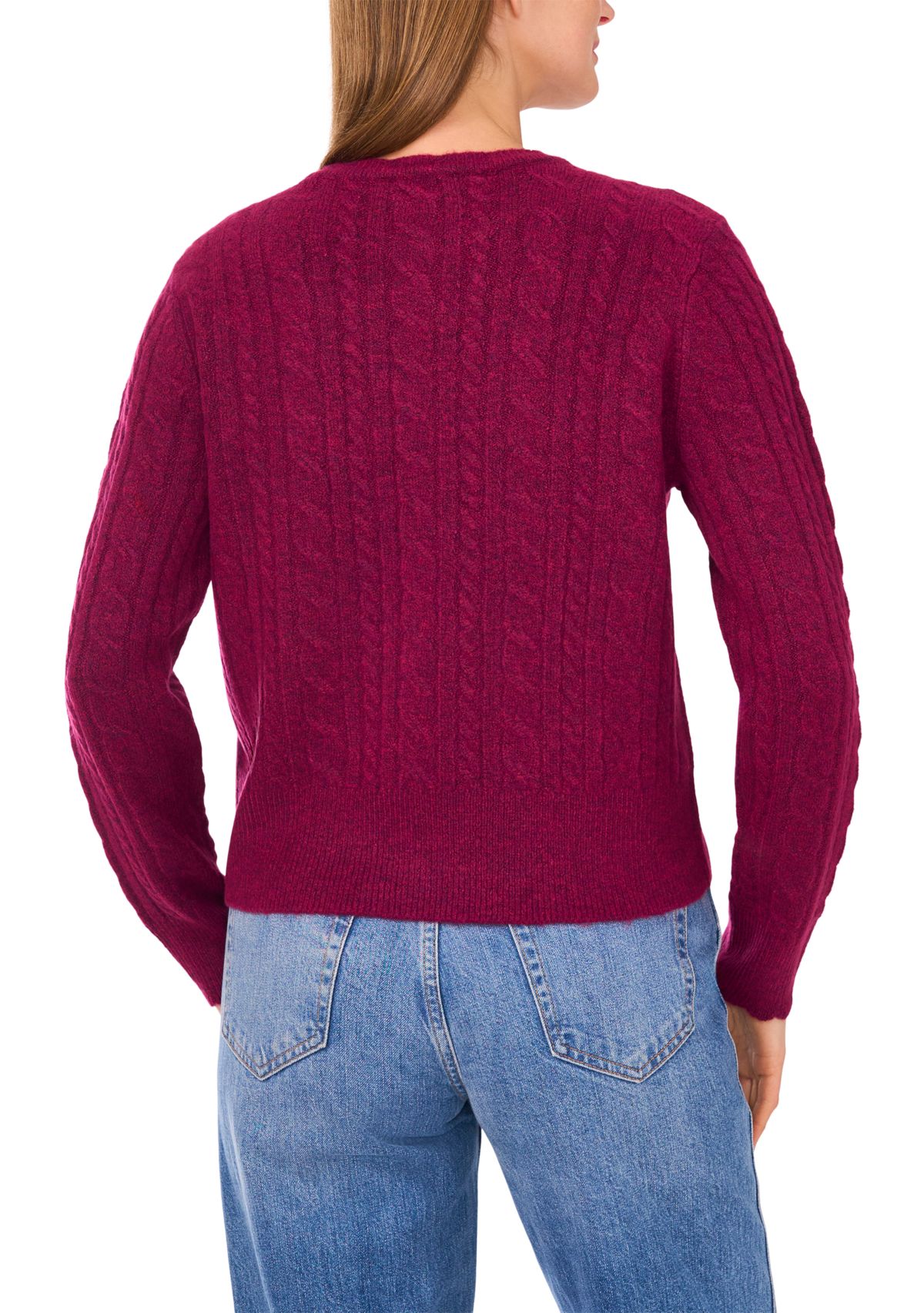Womens Long Sleeve Scallop Trim Cable Knit Sweater 