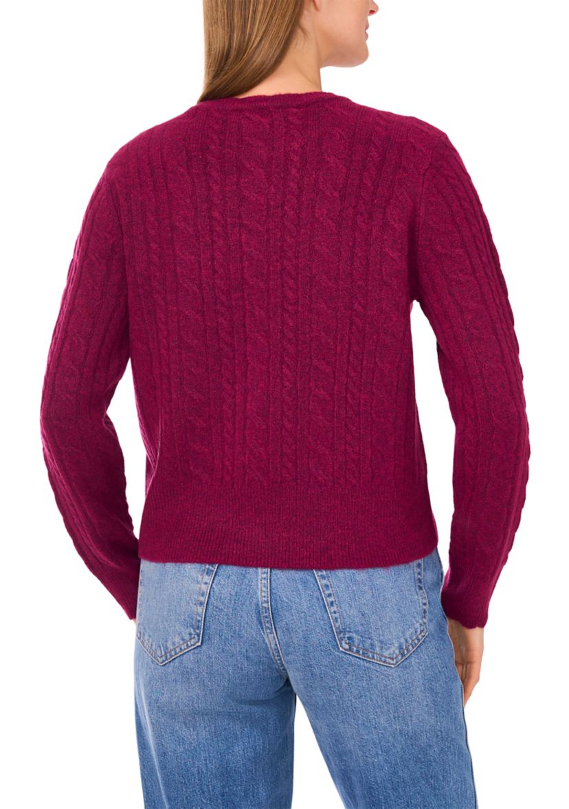 Womens Long Sleeve Scallop Trim Cable Knit Sweater 