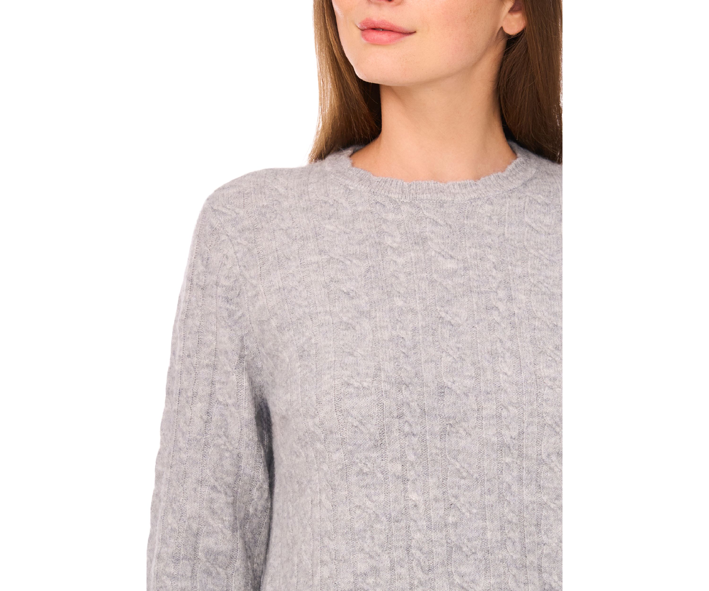 Womens Long Sleeve Scallop Trim Cable Knit Sweater 