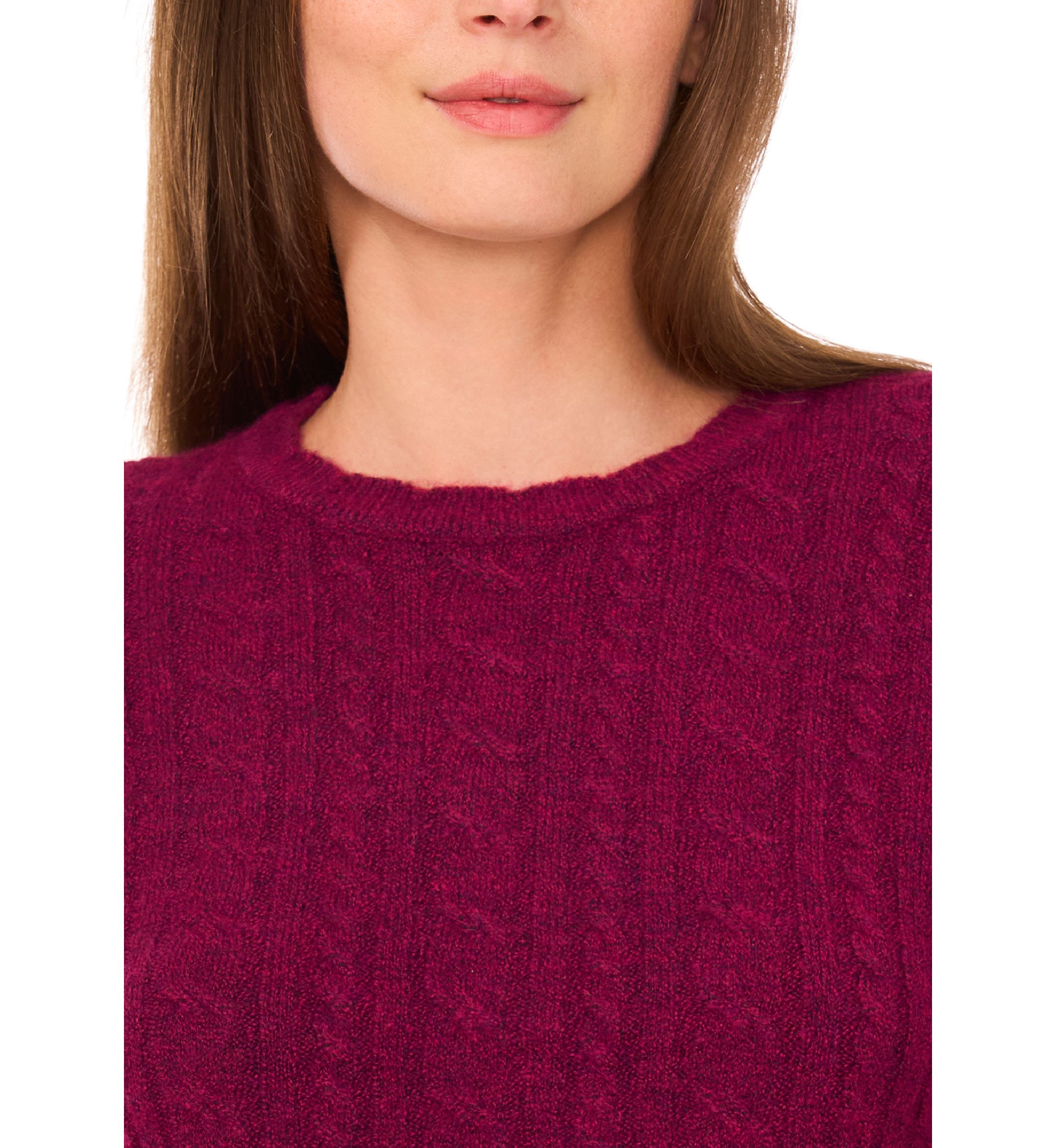 Womens Long Sleeve Scallop Trim Cable Knit Sweater 