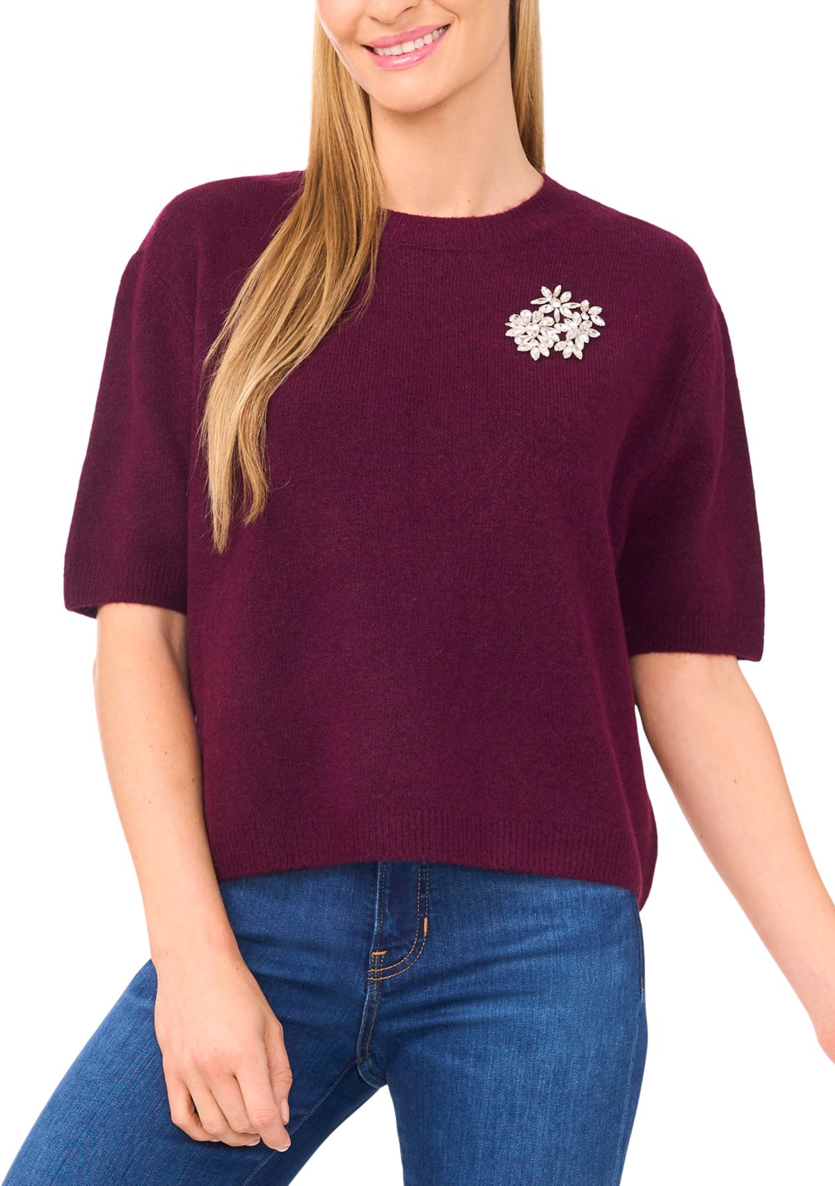 Womens Elbow Sleeve Rhinestone Pin Sweater 