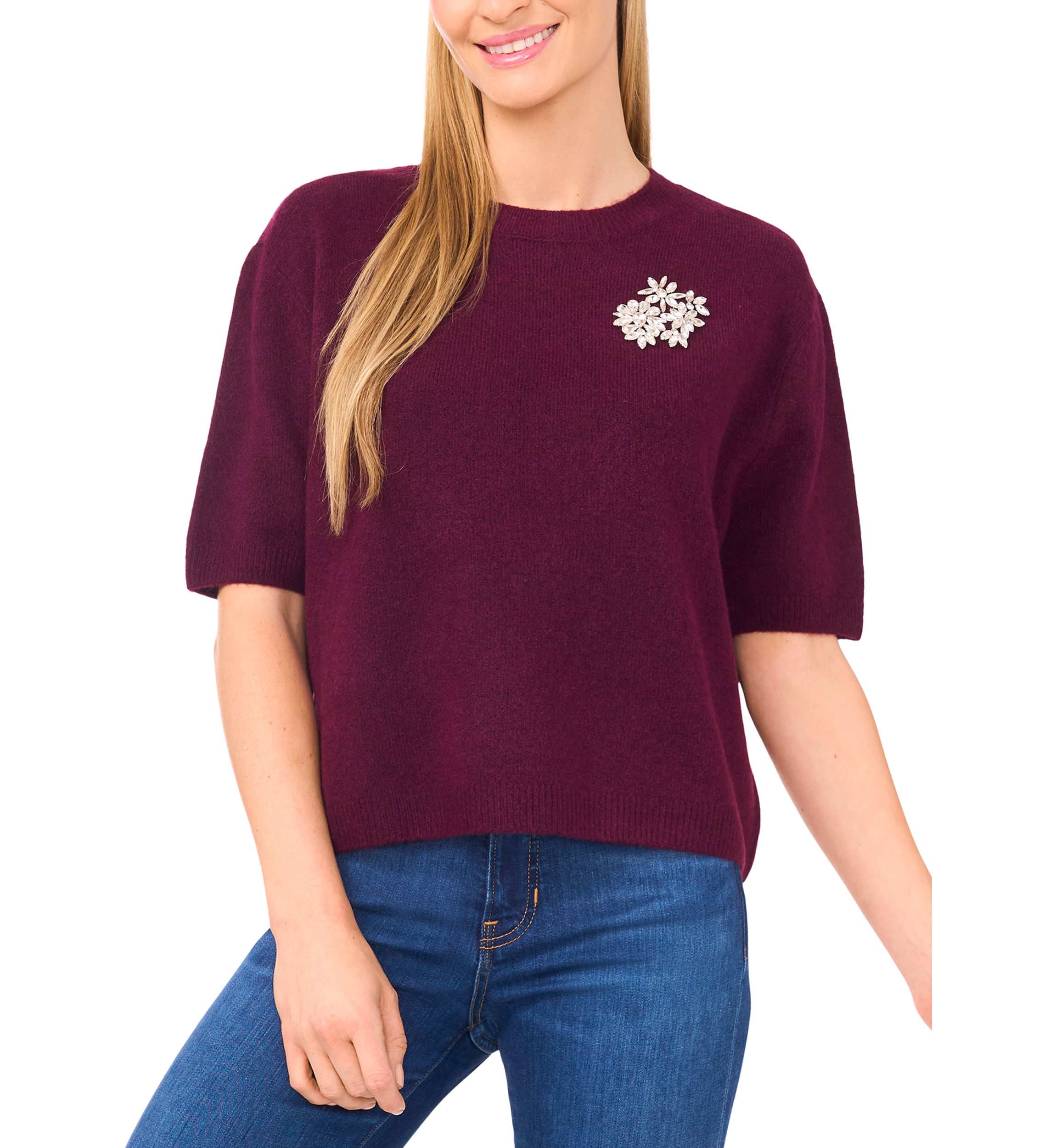 Womens Elbow Sleeve Rhinestone Pin Sweater 
