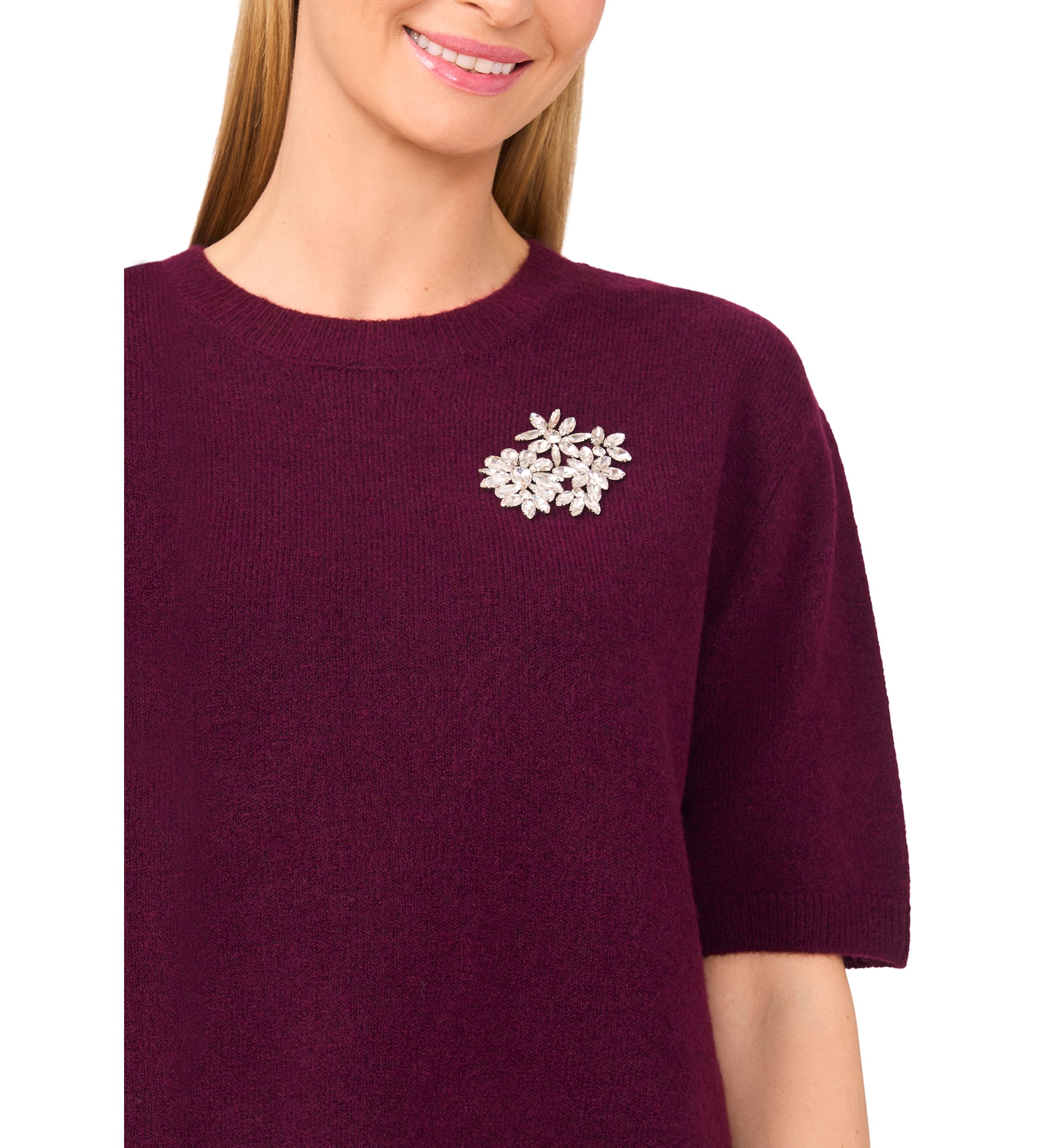 Womens Elbow Sleeve Rhinestone Pin Sweater 