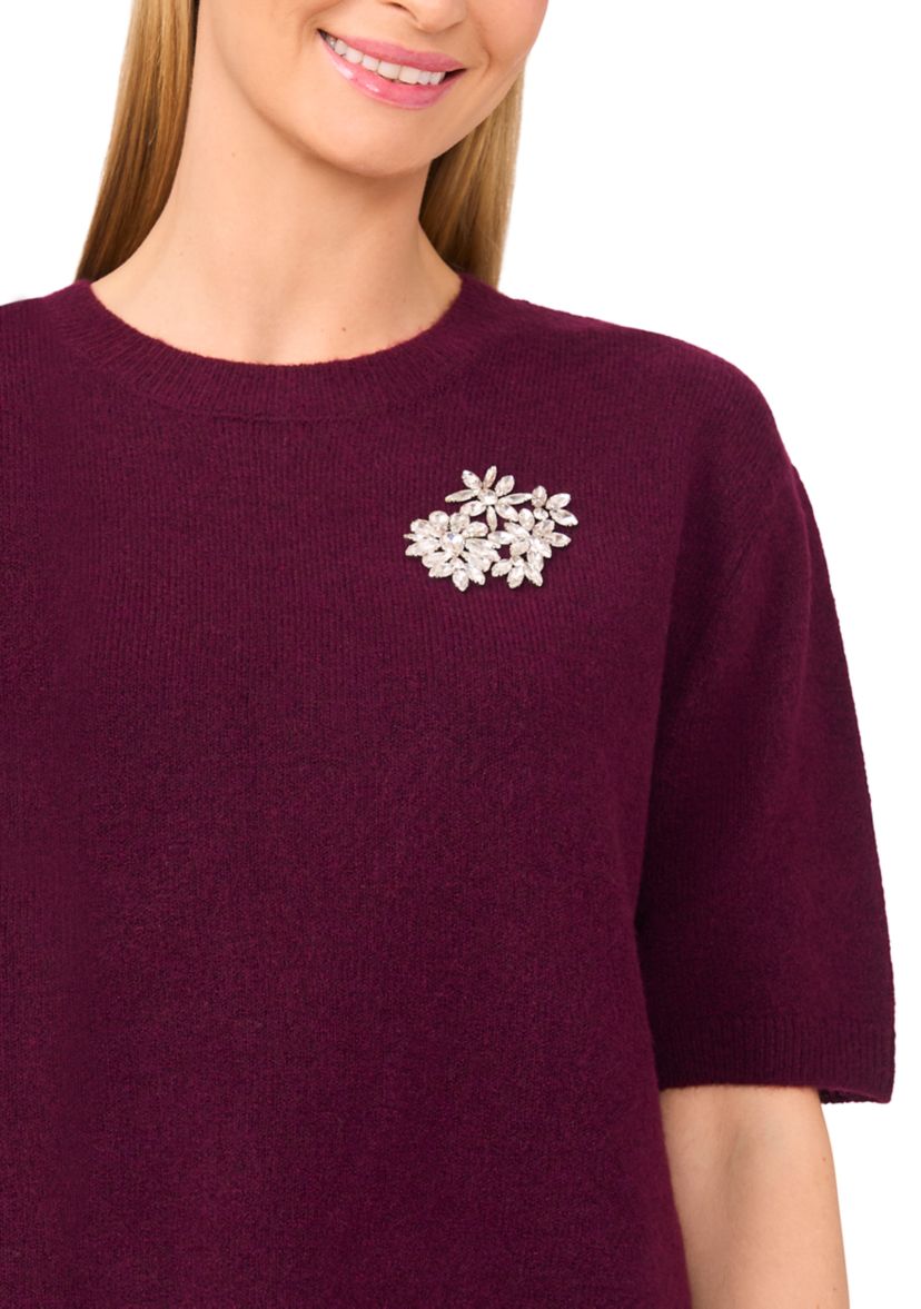 Womens Elbow Sleeve Rhinestone Pin Sweater 