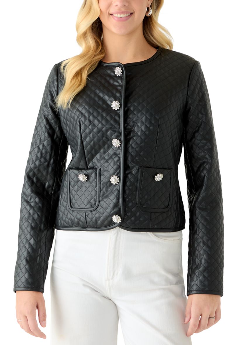 Womens Button Front Quilted Vegan Leather Jacket