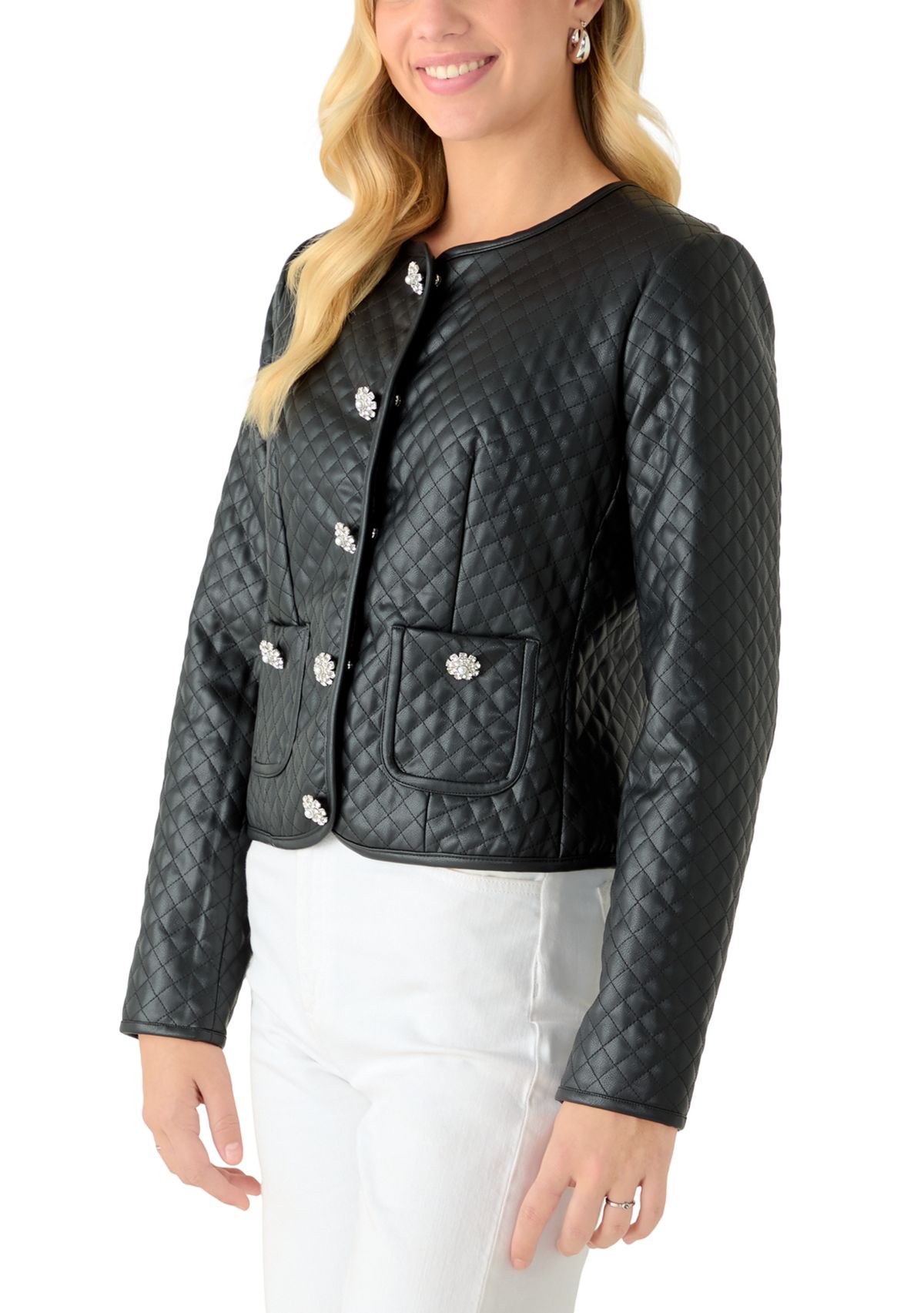 Womens Button Front Quilted Vegan Leather Jacket