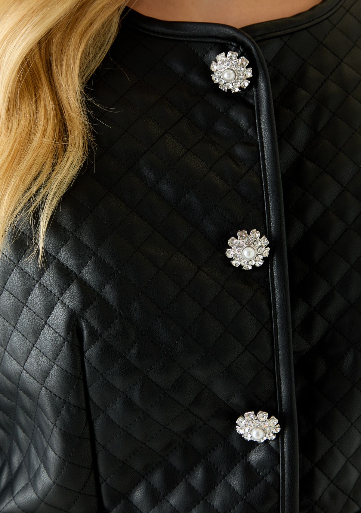 Womens Button Front Quilted Vegan Leather Jacket