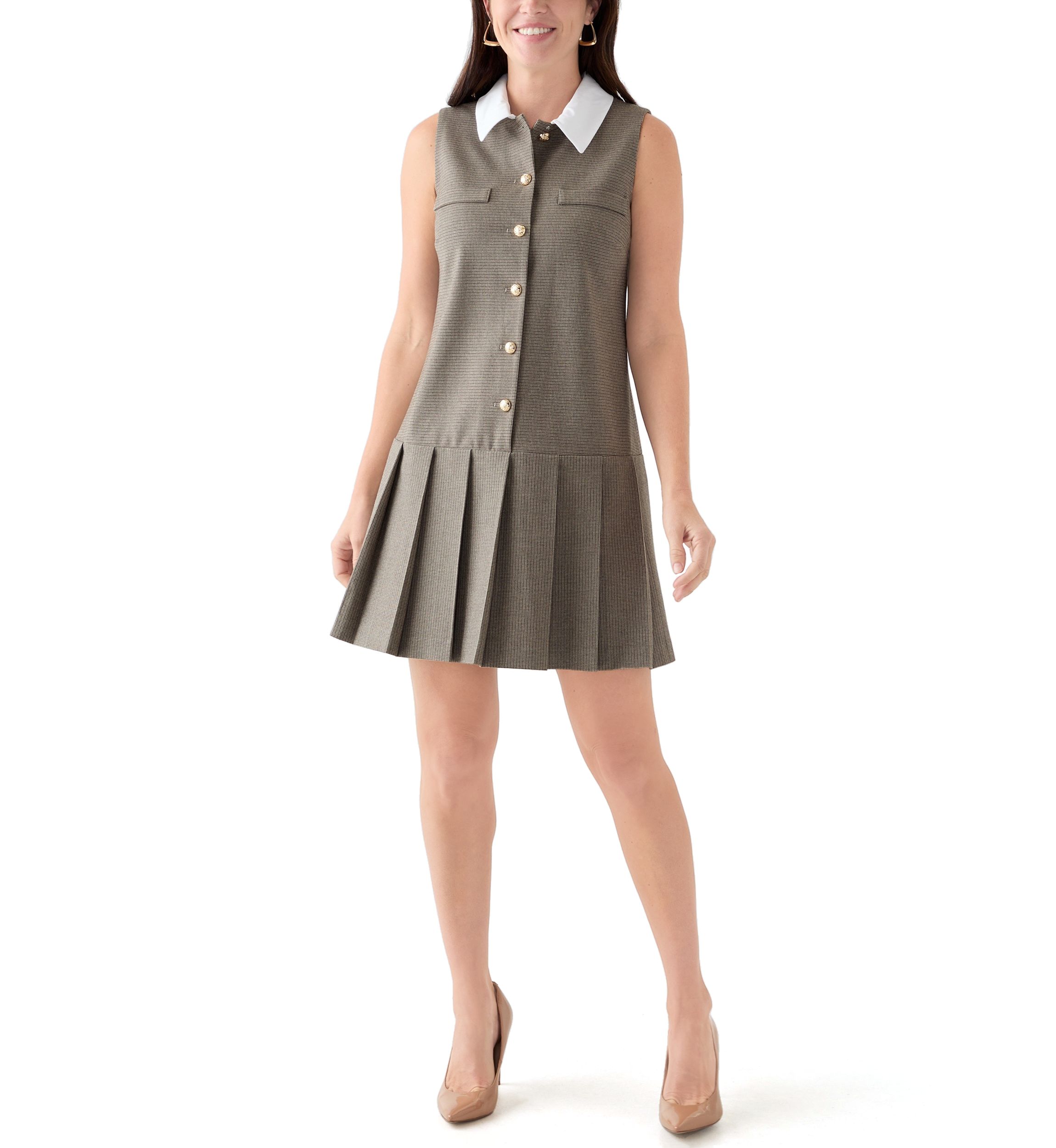 Womens Sleeveless Menswear Dress with Pleated Hem