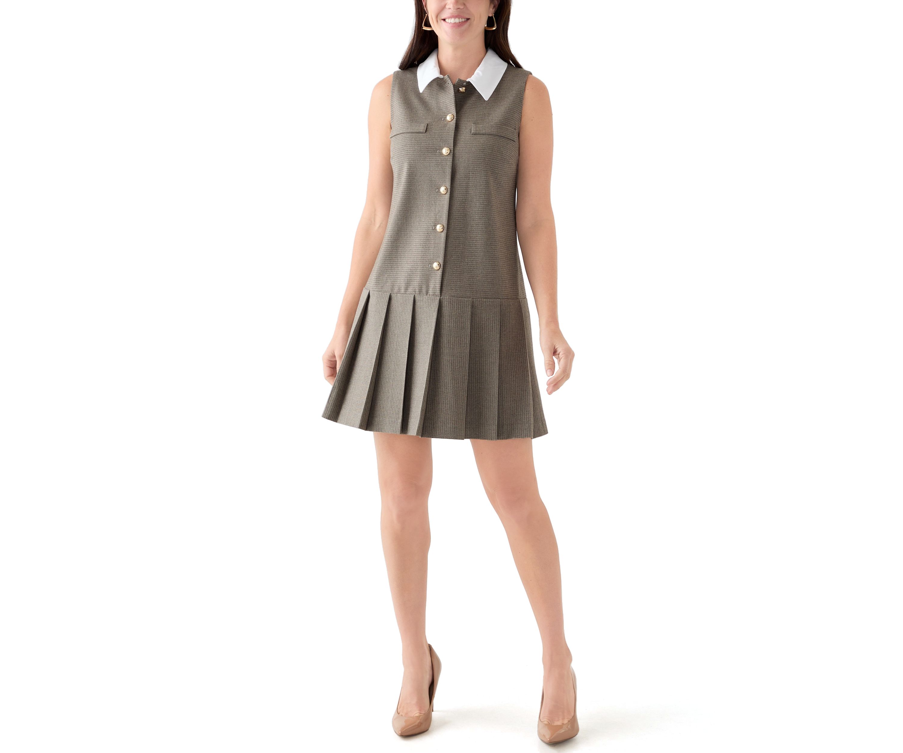 Womens Sleeveless Menswear Dress with Pleated Hem