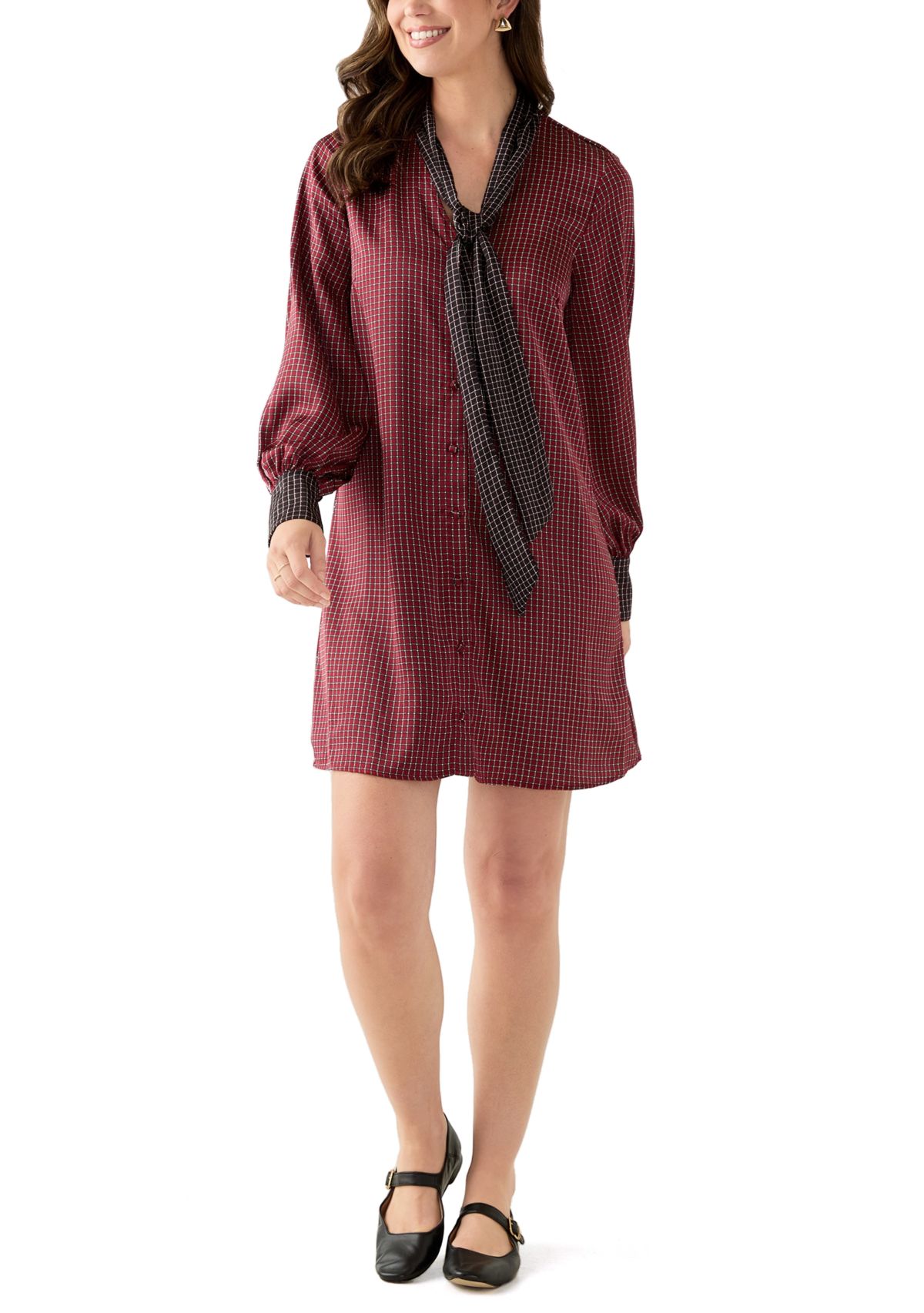 Womens Long Sleeve Tie Neck Geometric Print Short Dress