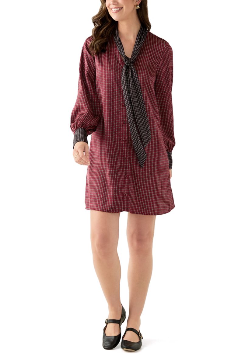 Womens Long Sleeve Tie Neck Geometric Print Short Dress