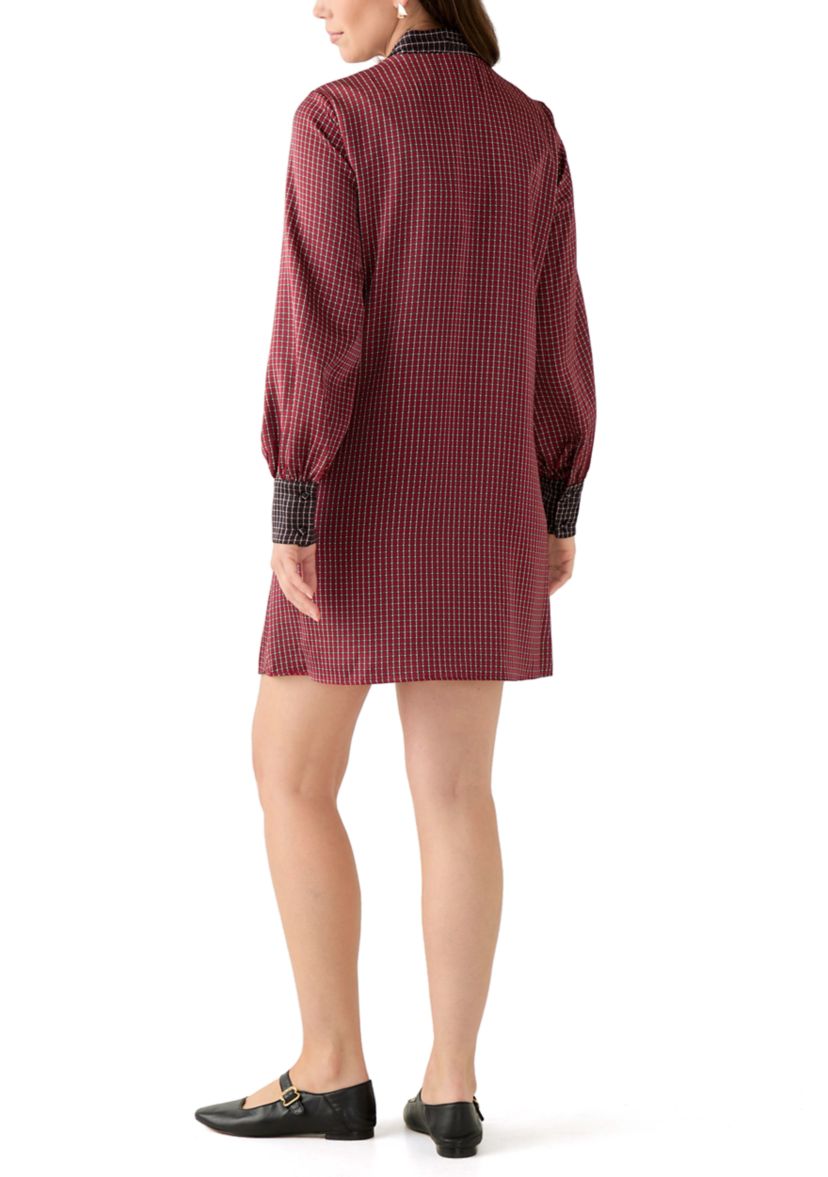 Womens Long Sleeve Tie Neck Geometric Print Short Dress