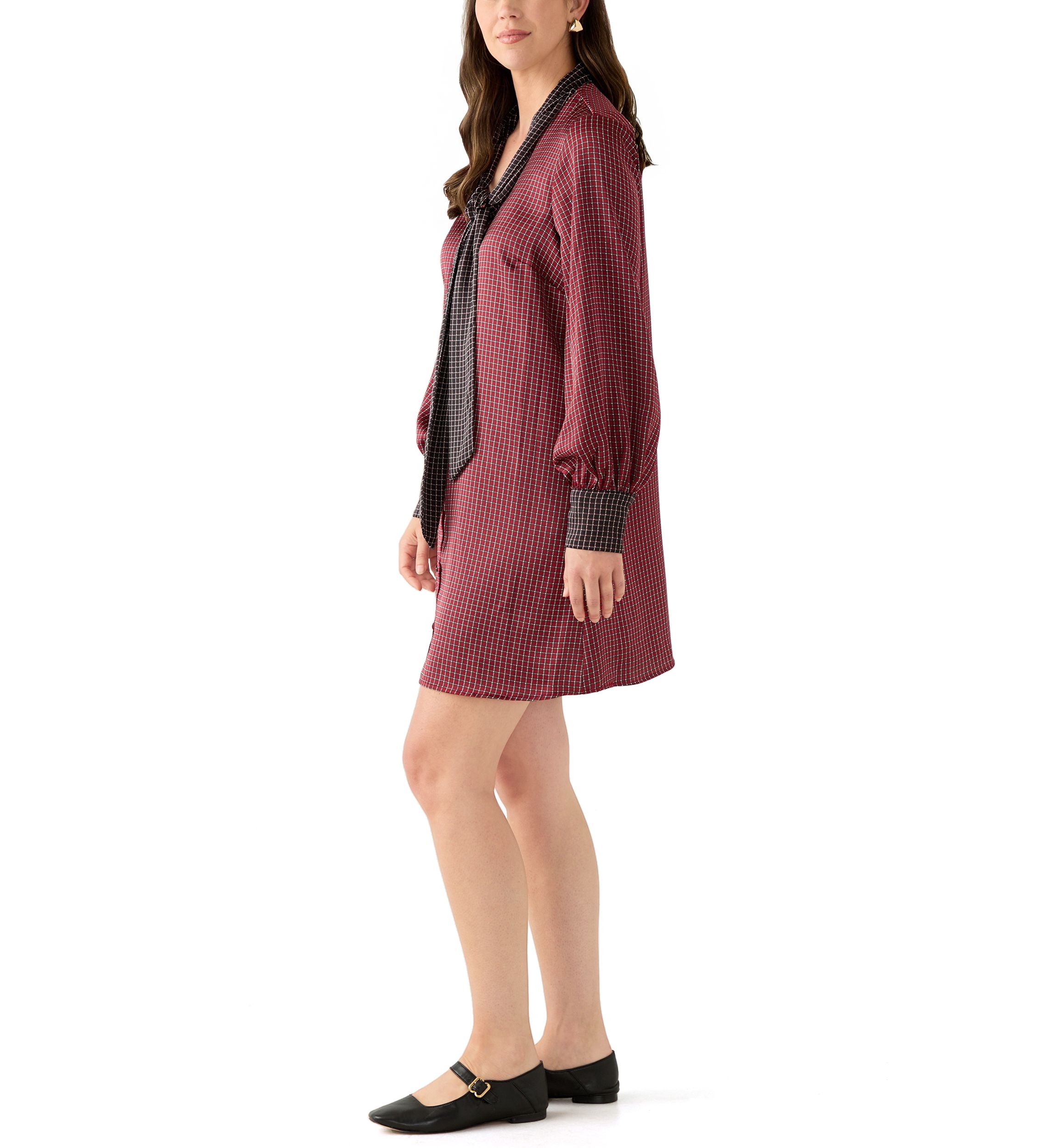 Womens Long Sleeve Tie Neck Geometric Print Short Dress