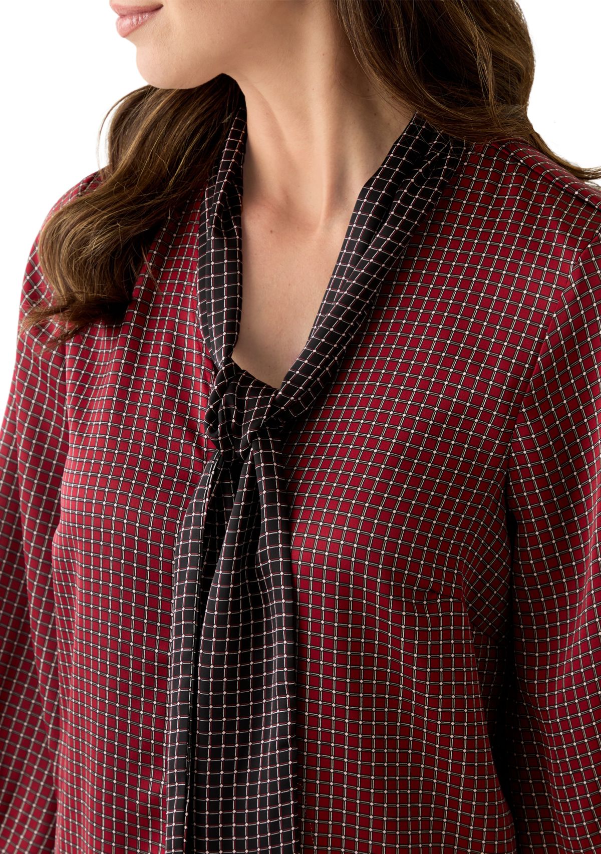 Womens Long Sleeve Tie Neck Geometric Print Short Dress