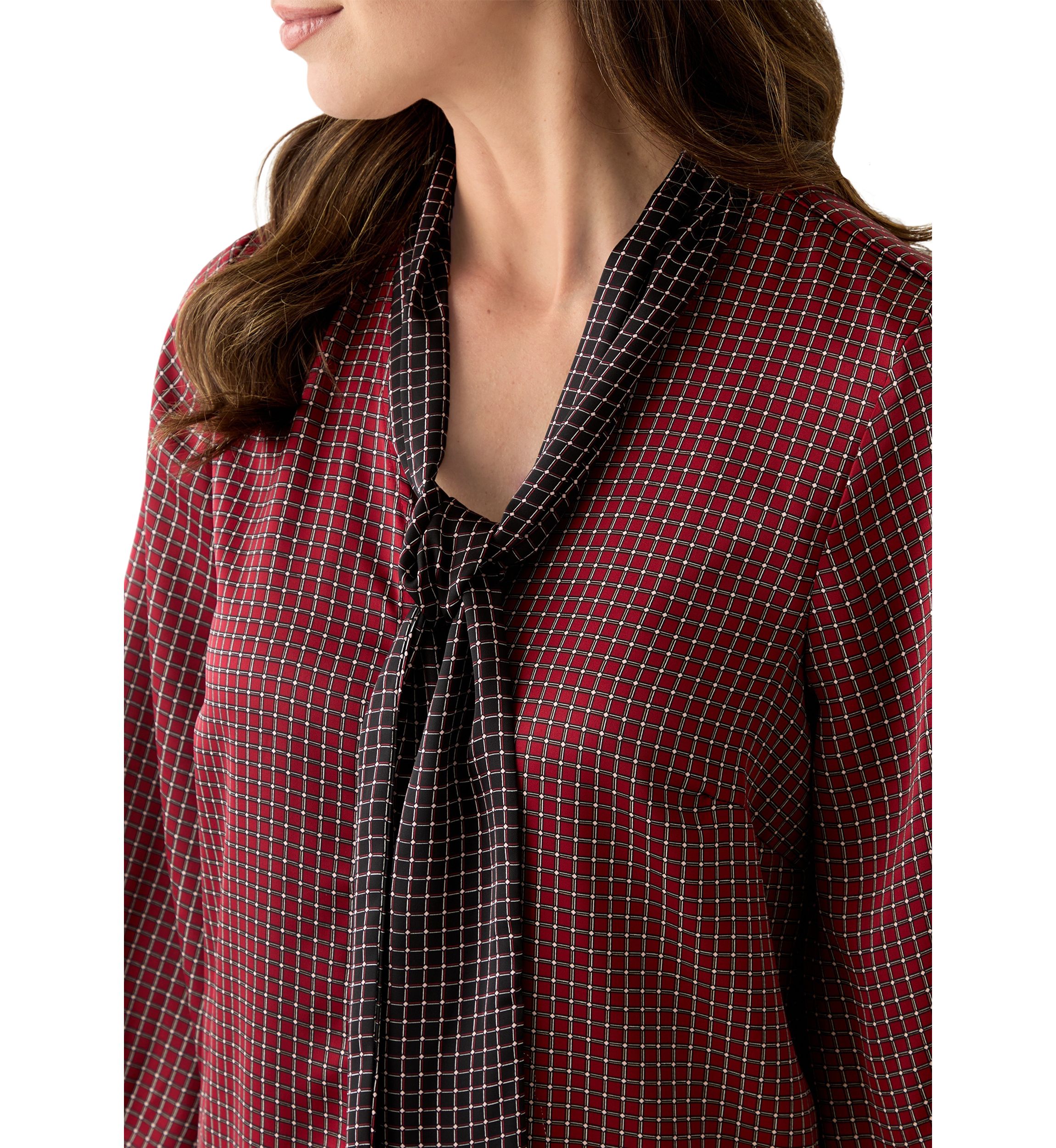 Womens Long Sleeve Tie Neck Geometric Print Short Dress