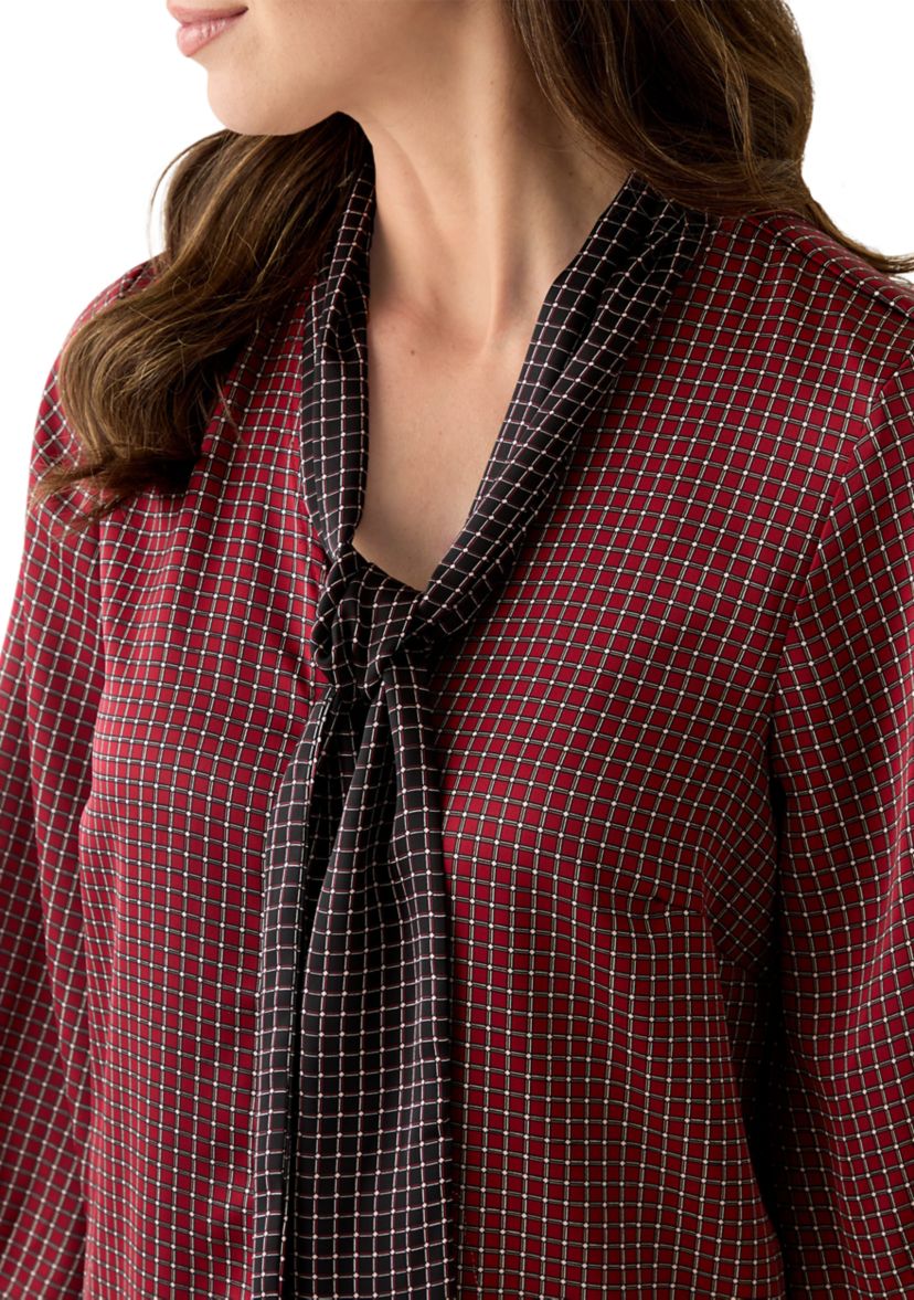 Womens Long Sleeve Tie Neck Geometric Print Short Dress