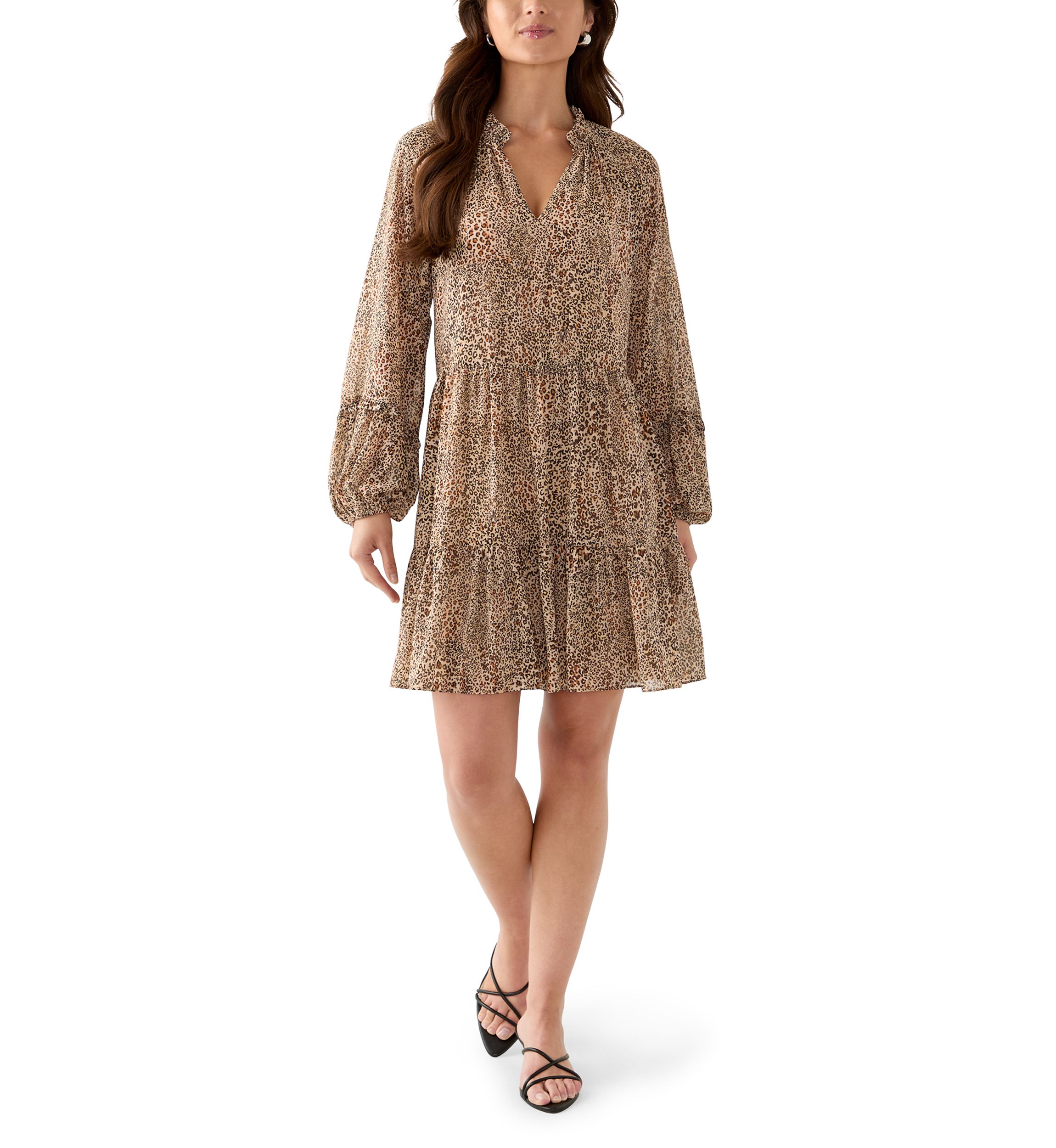 Womens 3/4 Sleeve Animal Print Dune Tiered Babydoll Dress