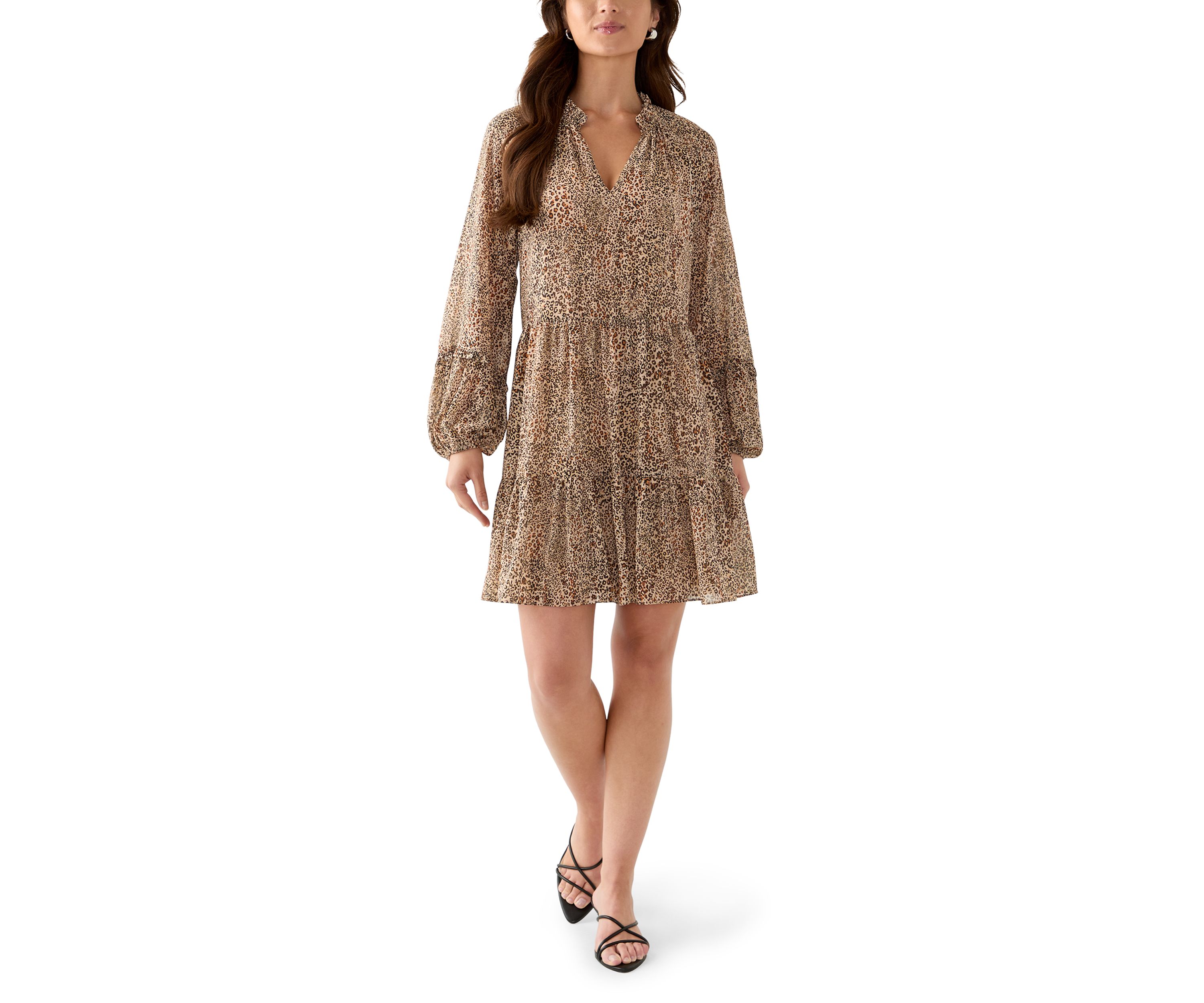 Womens 3/4 Sleeve Animal Print Dune Tiered Babydoll Dress