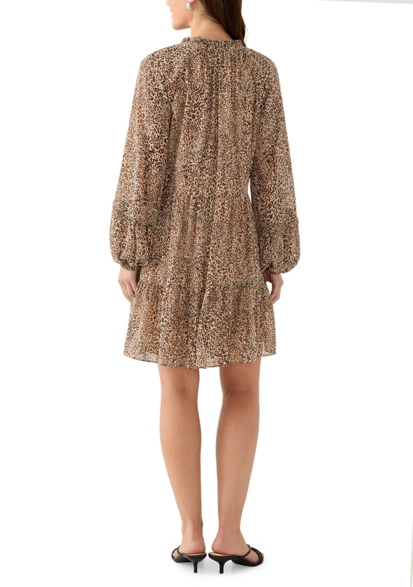 Womens 3/4 Sleeve Animal Print Dune Tiered Babydoll Dress