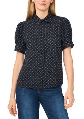 CeCe Women's Short Sleeve Print Collar Blouse, Black, Medium