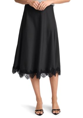 CeCe Women's Lace Hem Satin Midi Skirt, Black, XL