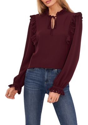 Women's Long Sleeve Ruffle Shoulder Split Neck Tie Blouse