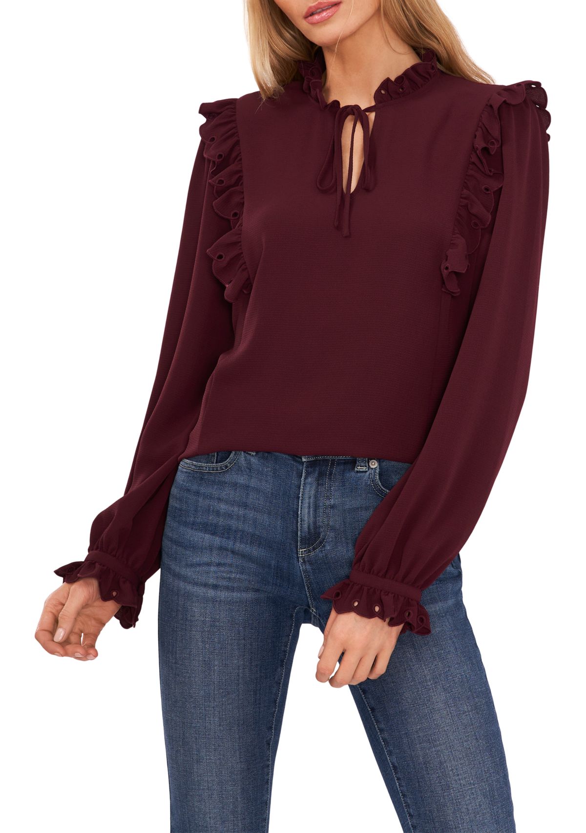 Womens Long Sleeve Ruffle Shoulder Split Neck Tie Blouse