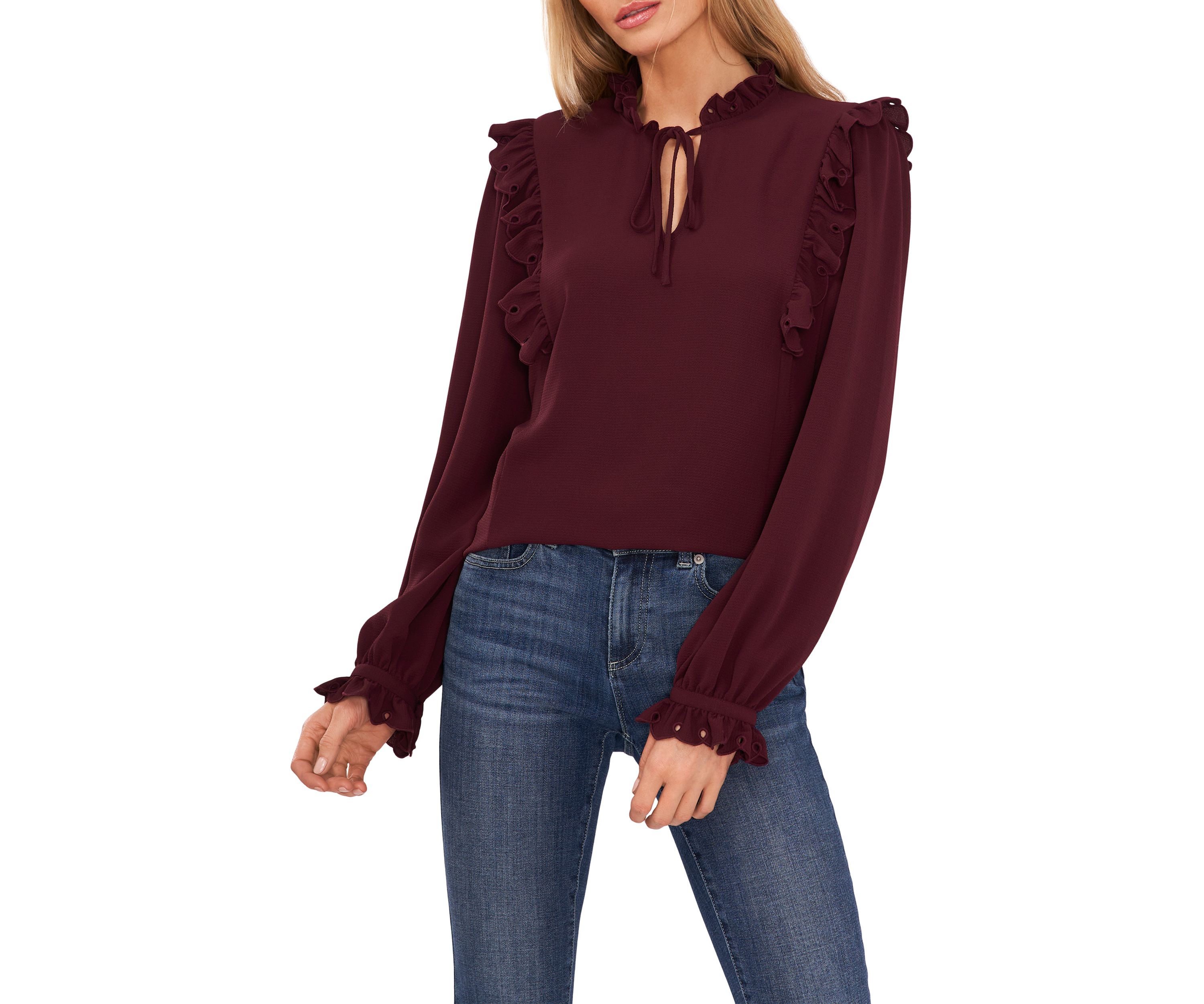 Womens Long Sleeve Ruffle Shoulder Split Neck Tie Blouse