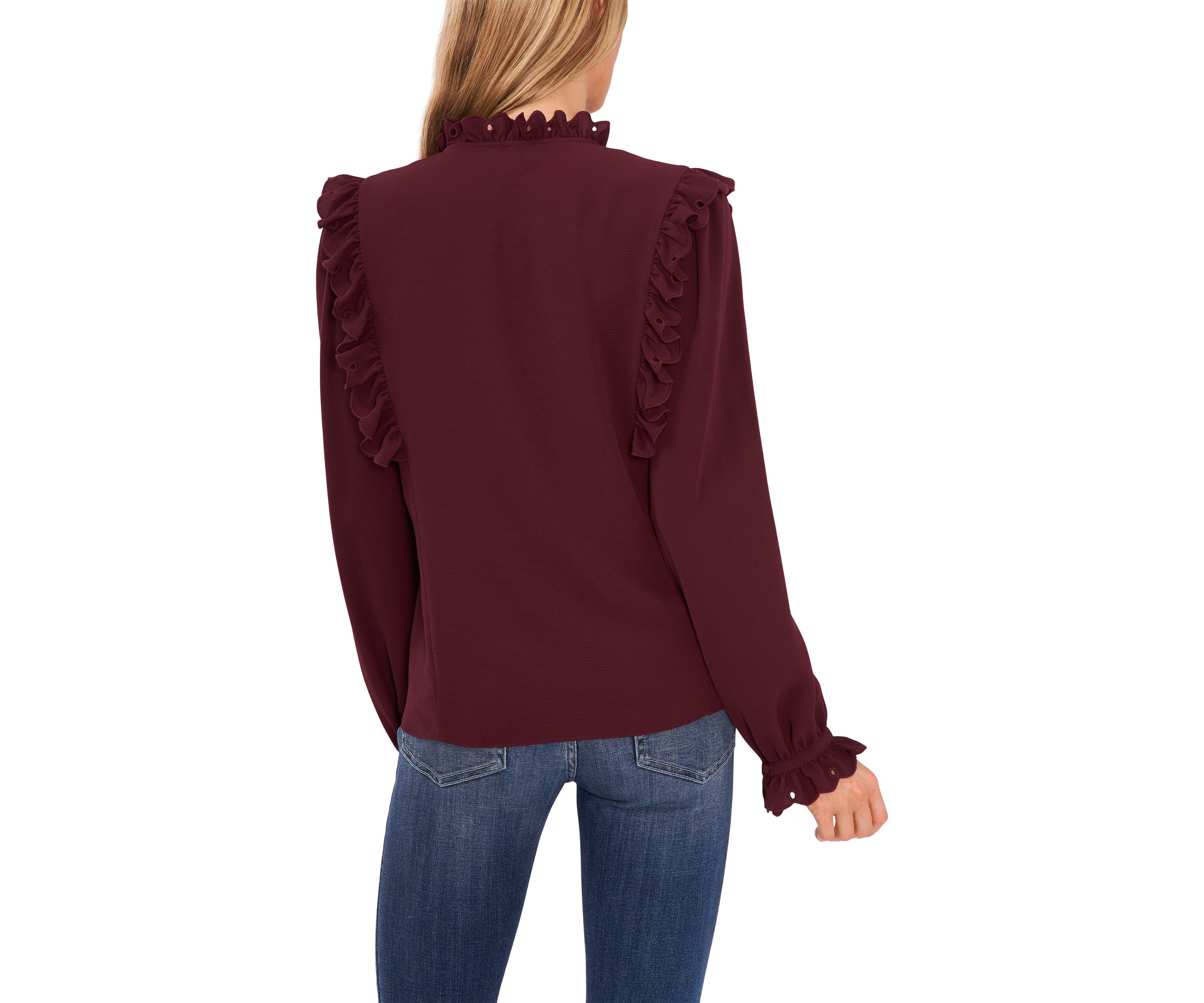 Womens Long Sleeve Ruffle Shoulder Split Neck Tie Blouse