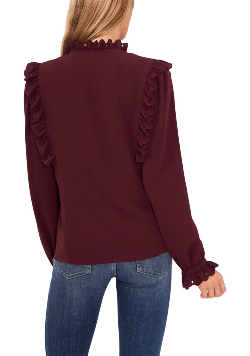 Womens Long Sleeve Ruffle Shoulder Split Neck Tie Blouse