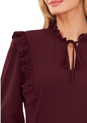 Women's Long Sleeve Ruffle Shoulder Split Neck Tie Blouse