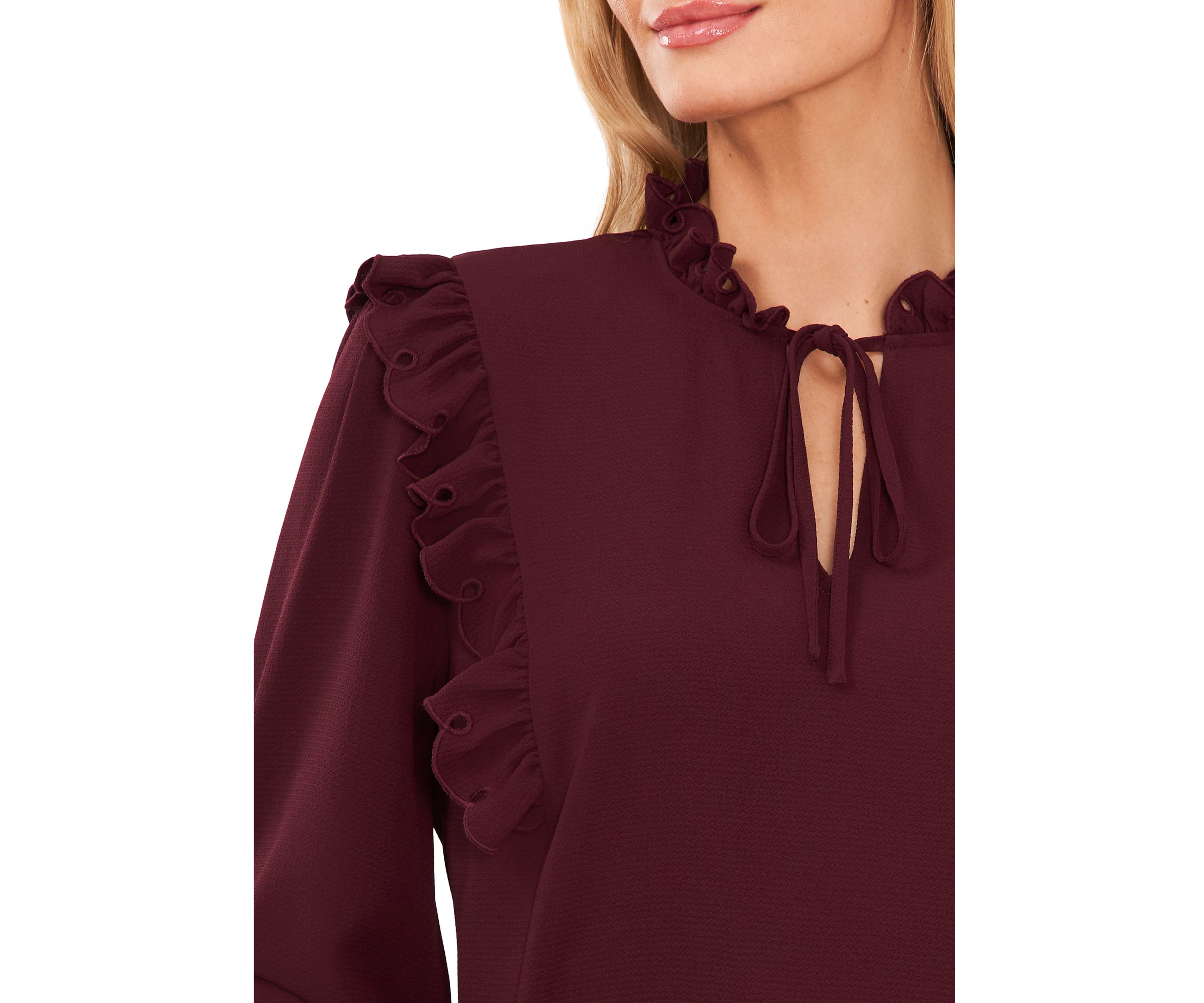 Womens Long Sleeve Ruffle Shoulder Split Neck Tie Blouse