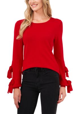 Women's Double Bow Detail Sleeve Crew Neck Sweater