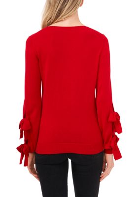 Women's Double Bow Detail Sleeve Crew Neck Sweater