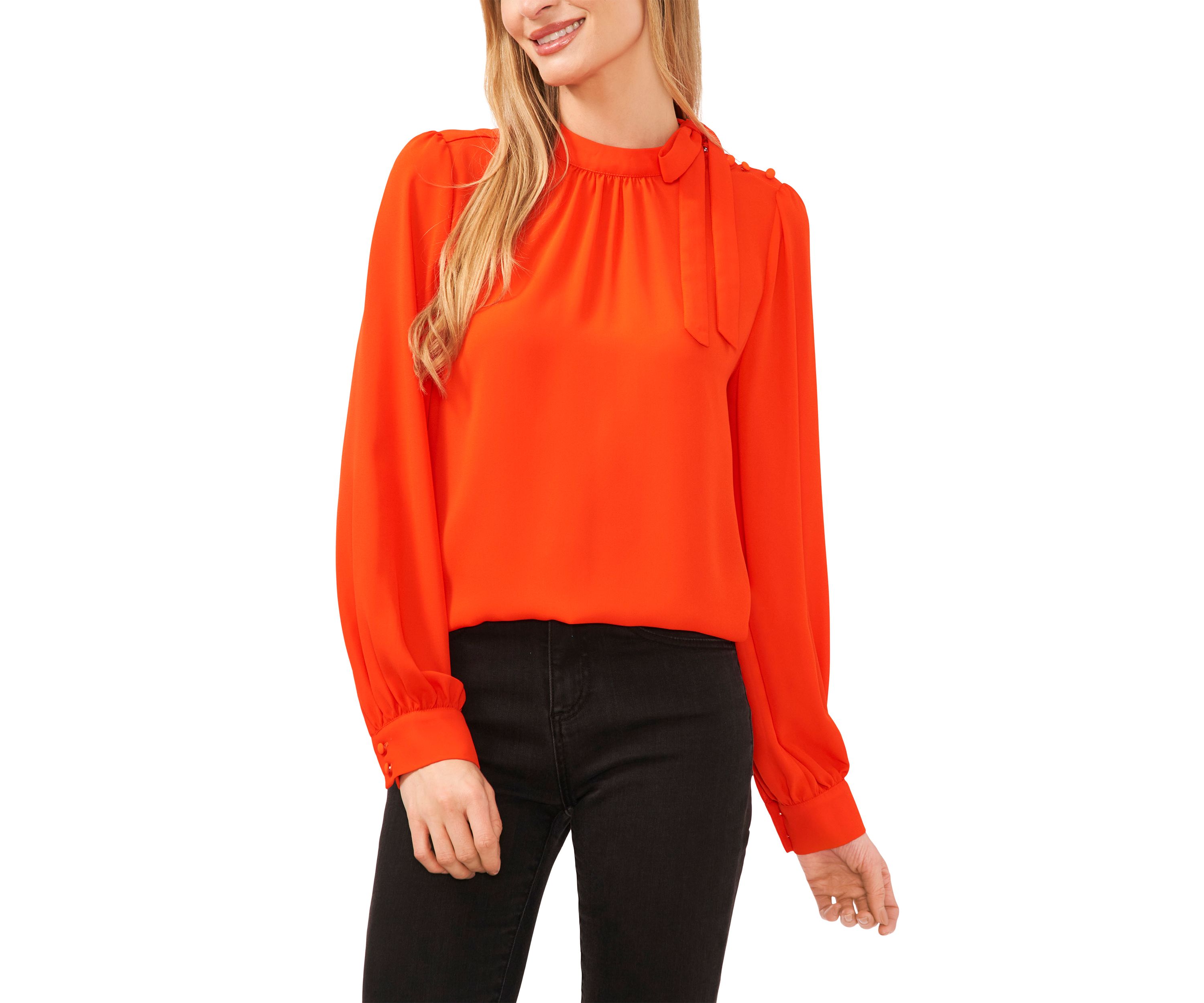 Womens Long Sleeve Solid Tie Neck Blouse 