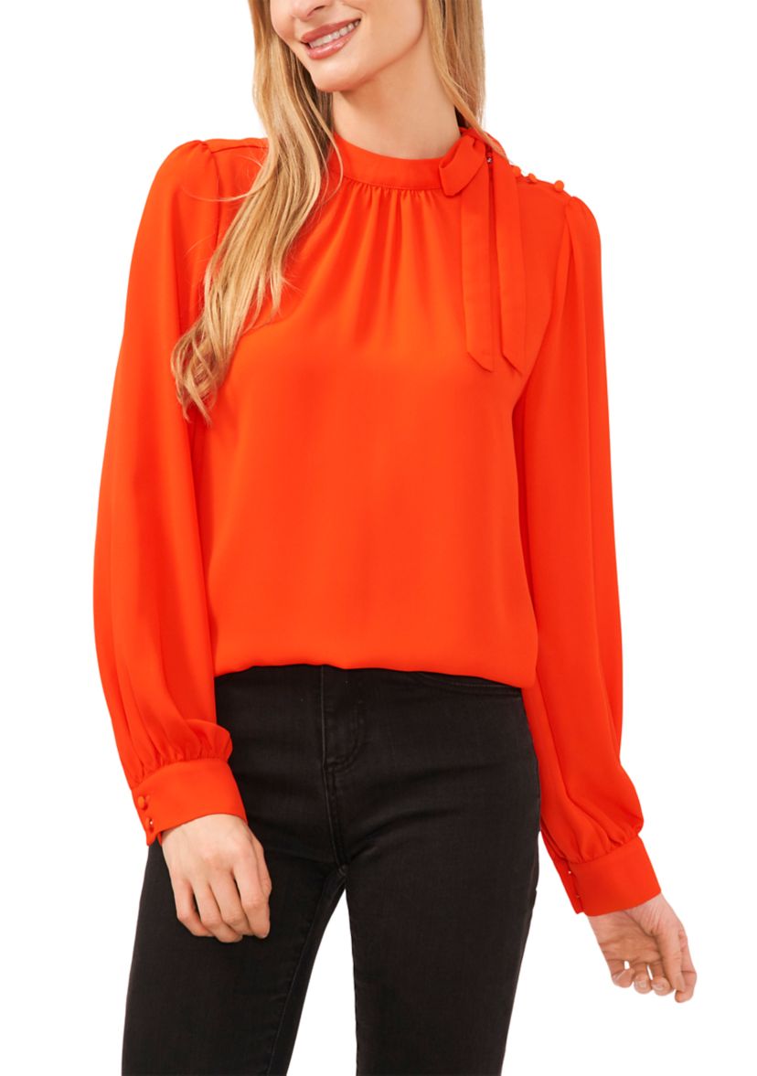Womens Long Sleeve Solid Tie Neck Blouse 