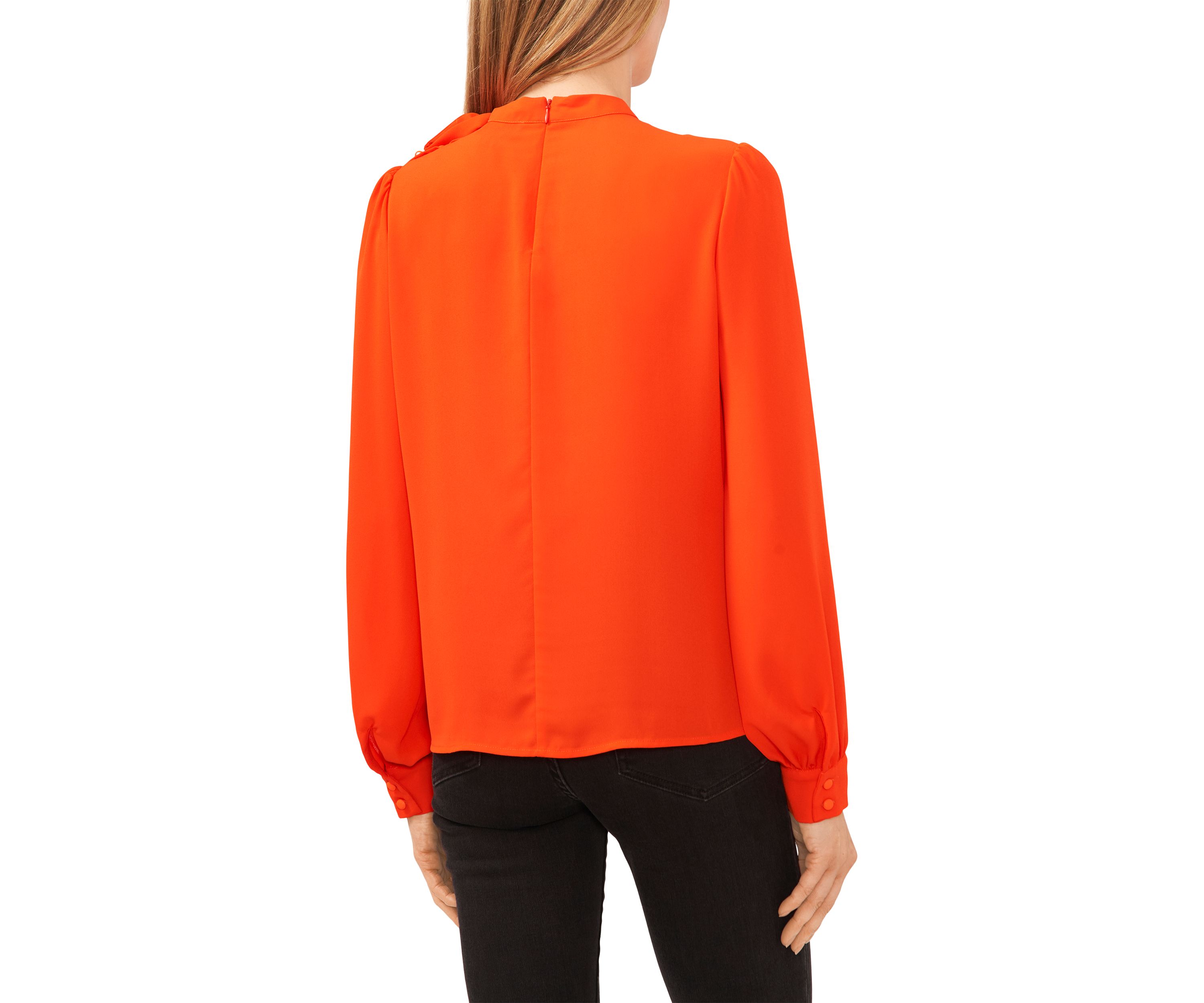 Womens Long Sleeve Solid Tie Neck Blouse 