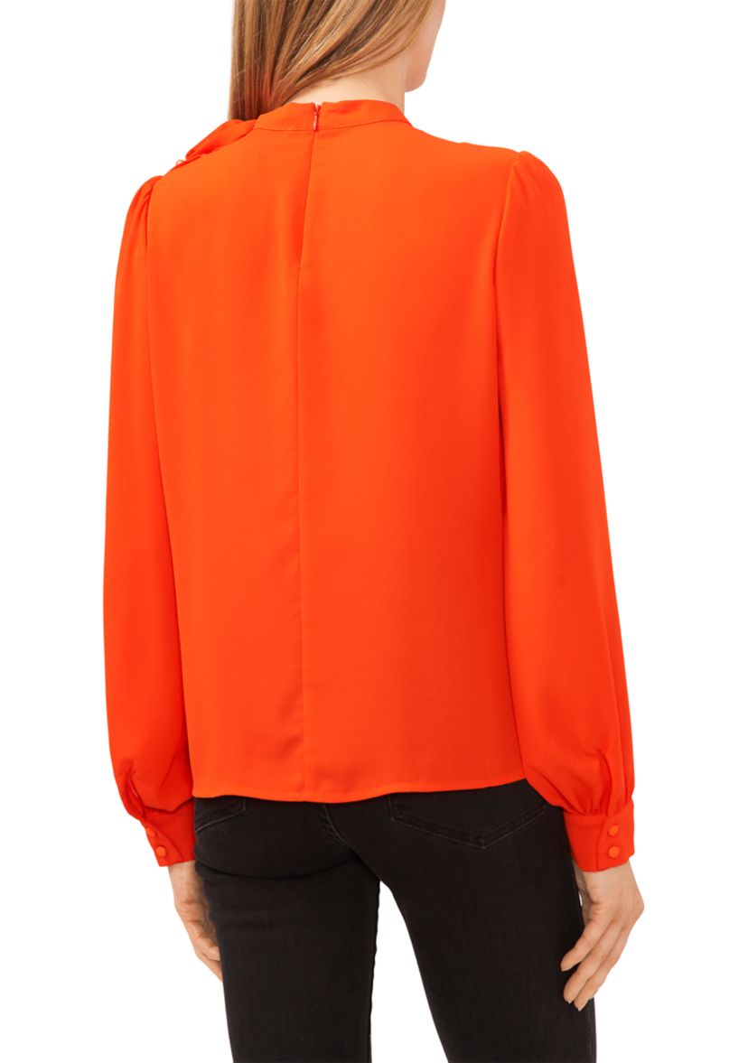 Womens Long Sleeve Solid Tie Neck Blouse 