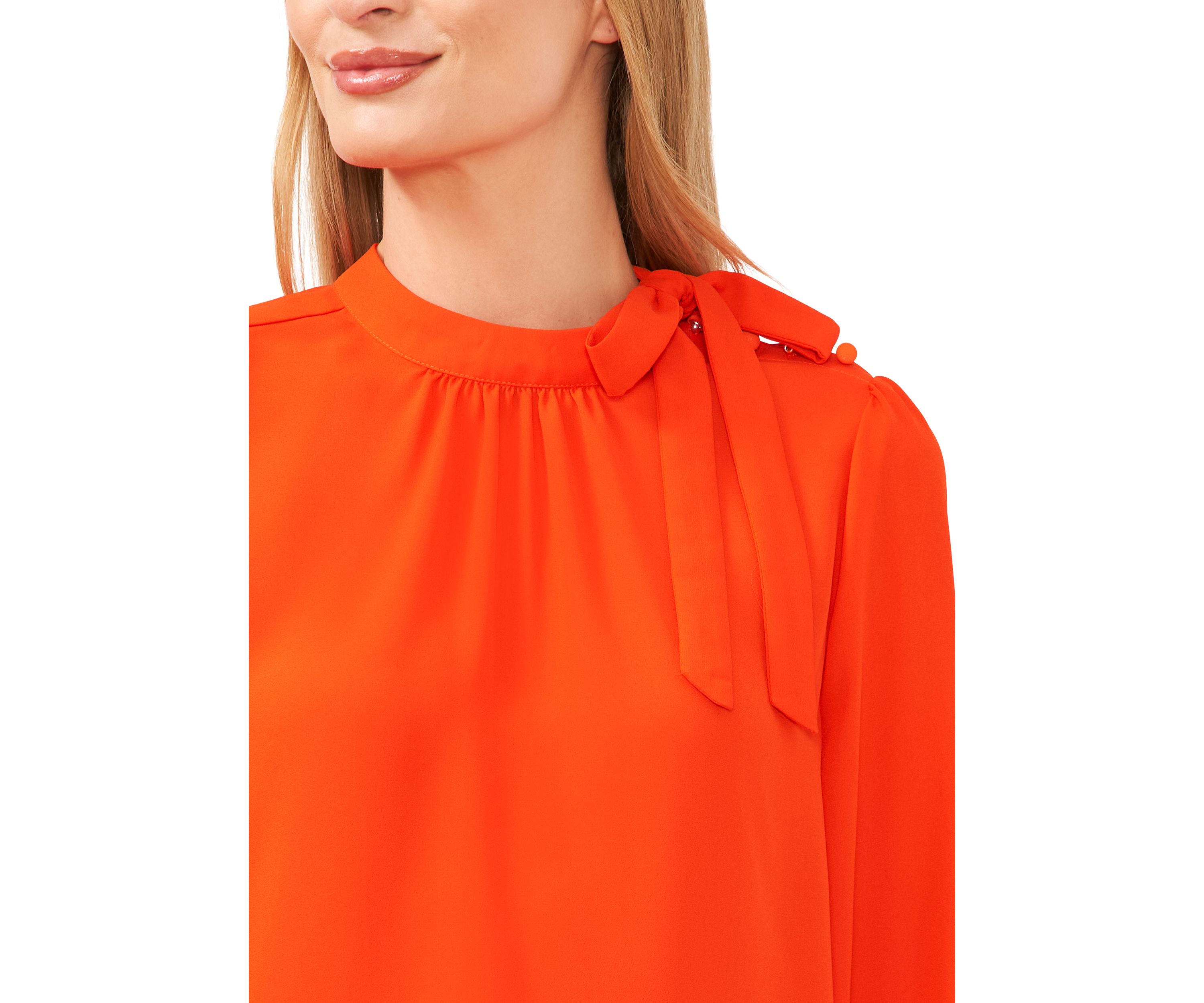 Womens Long Sleeve Solid Tie Neck Blouse 