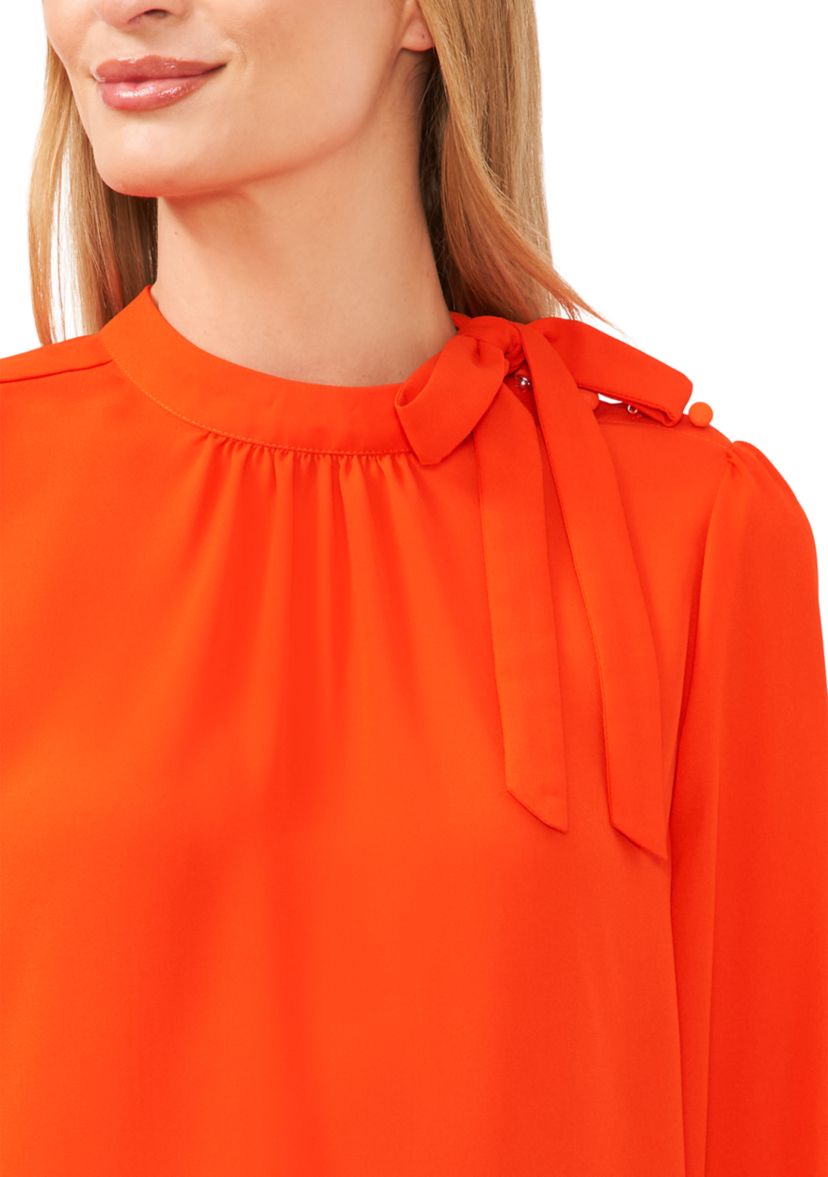 Womens Long Sleeve Solid Tie Neck Blouse 
