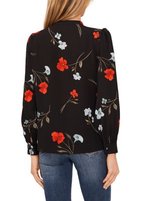 Women's Long Sleeve Floral Tie Neck Blouse