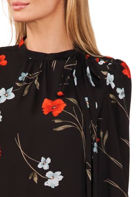 Women's Long Sleeve Floral Tie Neck Blouse