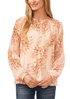 Women's Long Sleeve Floral Pintuck Blouse