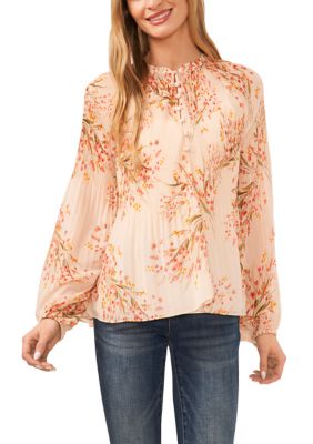 Women's Long Sleeve Floral Pintuck Blouse