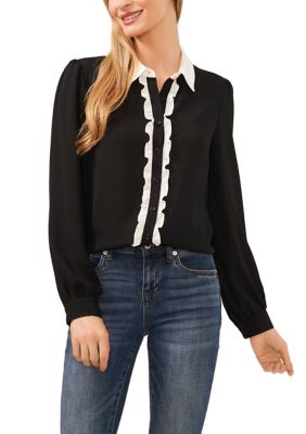 Women's Long Sleeve Collar Ruffle Button Front Blouse