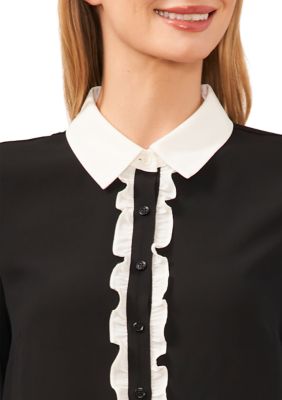 Women's Long Sleeve Collar Ruffle Button Front Blouse